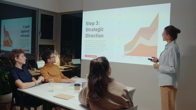 Businesswoman standing by projection screen in front of team, switching slides with remote control, giving presentation during meeting in office with panoramic windows overlooking night cityscape