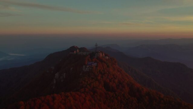 Sunrise vivid colorful aerial of a Sanctuary on the summit of a mountain Italy Sanctuary of Our Lady 'del Monte Sacro'