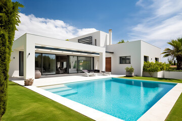 Fototapeta premium Exterior modern white villa with pool and garden