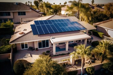 Solar panels on roof of the house renewable energy . Generative AI