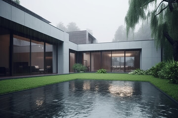 Exterior modern white villa with pool and garden, nobody inside, rainy day