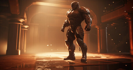 Photo realistic illustration of a superhero robot, in a gladiatorial arena. Anatomy and lighting reference. Generative AI.