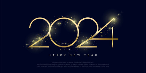 Happy new year 2024 design with shiny golden numerals. Surrounded by luxurious gold glitter. Premium vector design for banners, posters and celebration greetings.