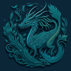 Mythical Blue Chinese Dragon Illustration