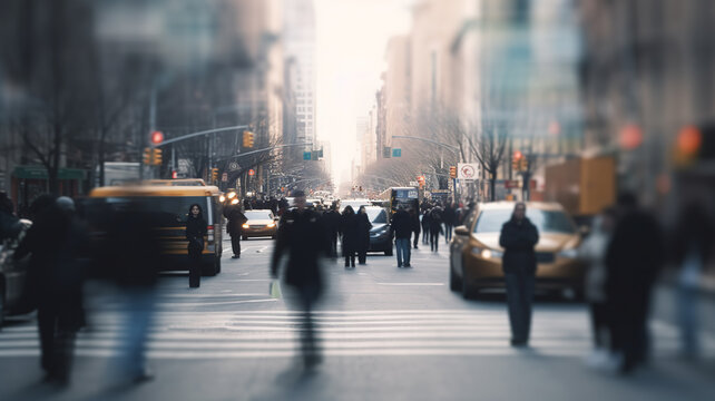 Blurred image of people moving in crowded city street. Blur effect