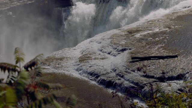 Close Up Detail Over Edge of Upper Falls in Letchworth State Park Slow Motion. Close up detail shot over the egde of upper falls at Letchworth State Park in slow motion