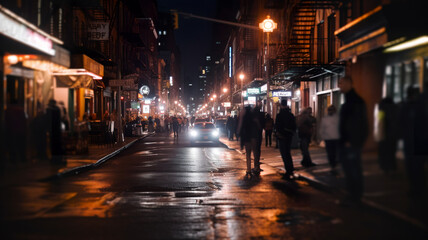 Crowd of anonymous people walking on busy city night streets