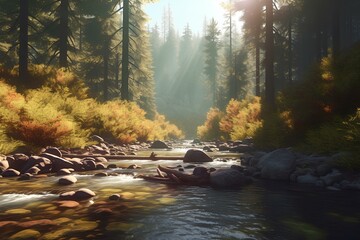 Peaceful river flowing through redwood forest with morning light and dappled sunshine in autumn. 3D illustration. generative AI