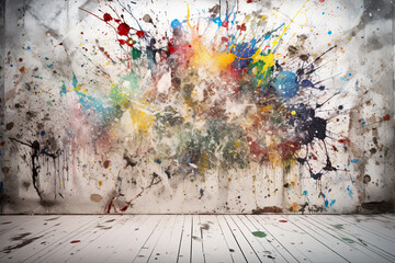 Beautiful white wall with coloured splattered paint grungy, textured background image, texture, backdrop, 