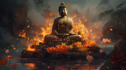 Lotus flowers and gold buddha statue, generative AI - obrazy, fototapety, plakaty