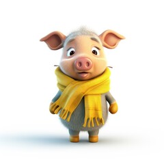 Fototapeta premium cute pig cartoon character wearing a yellow scarf on white background created using generative AI tools