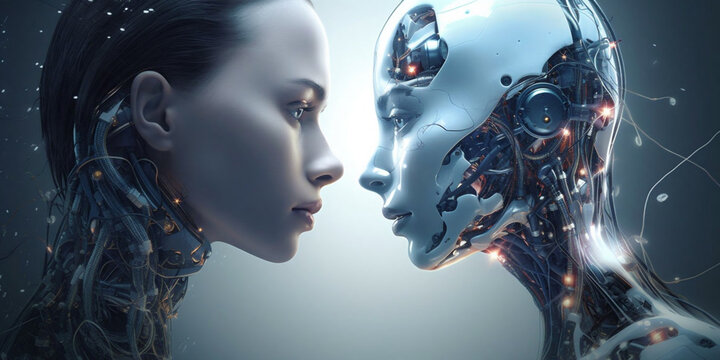 Humanoid woman and robot couple, LGBT concept. Beautiful futuristic humanoid android womans, romantic relationships. Love AI Generated
