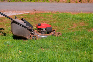Woman mows green lawn in her backyard with lawn mower front of her house with lawn mower.