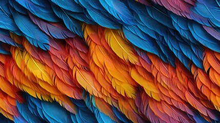 Fototapeta premium seamless close-up of a detailed vibrant bird feather colorful background texture, tile, 8K, generative ai