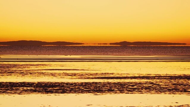 Golden yellow sunrise light reflects off calm ocean at low tide, fixed wide shot