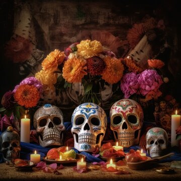 Day of the dead Sugar skulls with flowers and candles, Generative AI