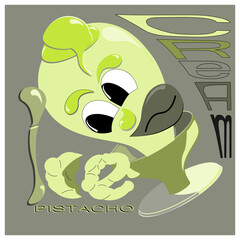 Stylised pin-up monochrome pistachio ice-cream cartoon image with spoon as "I" and two balls of ice-cream as "c" and "e" leaving ice-cream cup