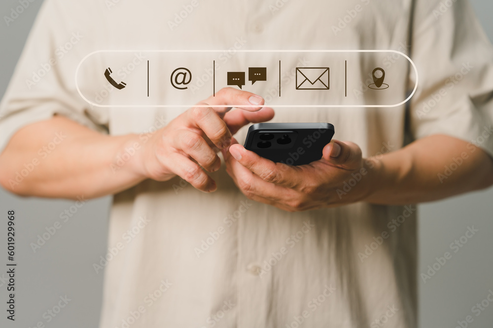 Poster Client man using a mobile phone with the virtual screen on the call phone, email, address, chat message and map icons. Customer support hotline contact us people connection concept.