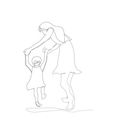 Back side of one young beautiful mother is holding her child hands are leaning to walk together in single line drawing style.Vector isolate flat continue line design of Mother’s Day or Children’s day
