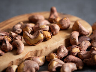 Roasted cashew nuts on a cutting board