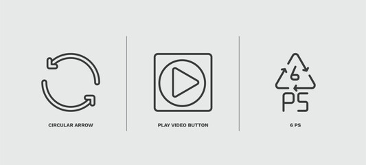 set of user interface thin line icons. user interface outline icons included circular arrow, play video button, 6 ps vector.