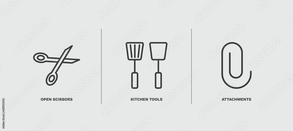 Poster set of tools and utensils thin line icons. tools and utensils outline icons included open scissors, kitchen tools, attachments vector.