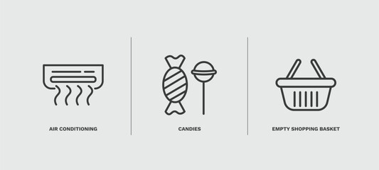 set of tools and utensils thin line icons. tools and utensils outline icons included air conditioning, candies, empty shopping basket vector.