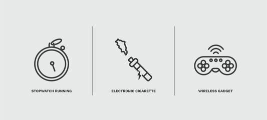 set of technology thin line icons. technology outline icons included stopwatch running, electronic cigarette, wireless gadget vector.