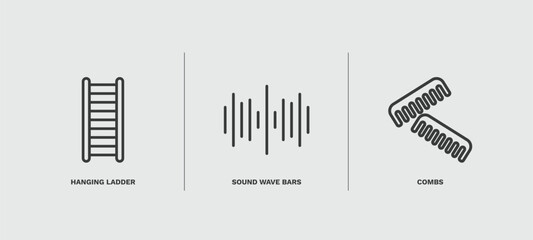 set of tools and utensils thin line icons. tools and utensils outline icons included hanging ladder, sound wave bars, combs vector.