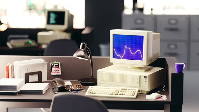 Old PC Retro Vintage Office Space with stock line chart displayed on a monitor. Old CRT display, phone workspace 2000s, 90s style render