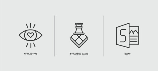 set of startup and strategy thin line icons. startup and strategy outline icons included attractive, strategy game, sway vector.