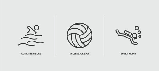 set of sport and games thin line icons. sport and games outline icons included swimming figure, volleyball ball, scuba diving vector. © Abstract