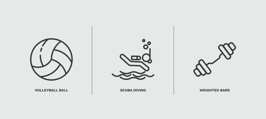set of sport and game thin line icons. sport and game outline icons included volleyball ball, scuba diving, weighted bars vector.