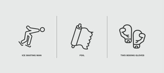 set of sport and game thin line icons. sport and game outline icons included ice skating man, foil, two boxing gloves vector.