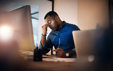 Headache, eye strain and businessman in the office at night working on deadline project. Burnout,...