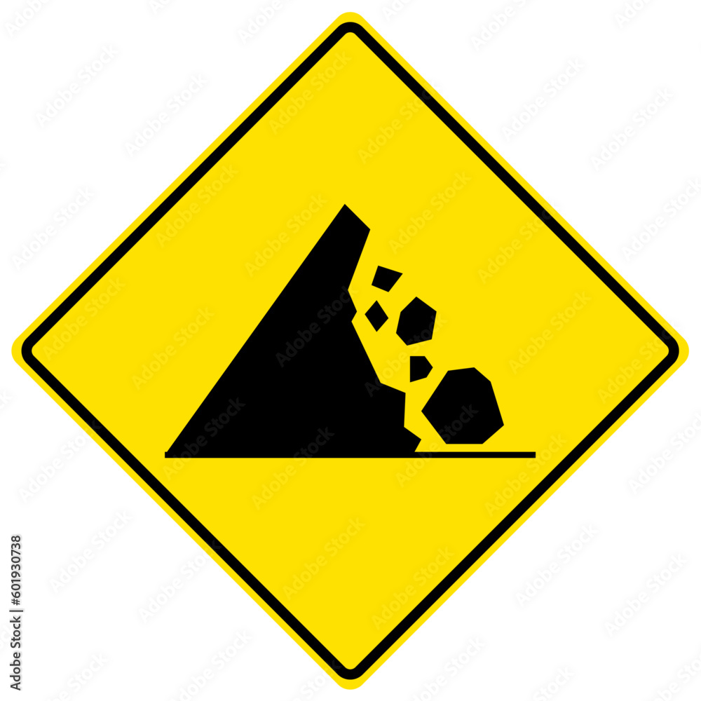 Wall mural falling rock warning sign and labels