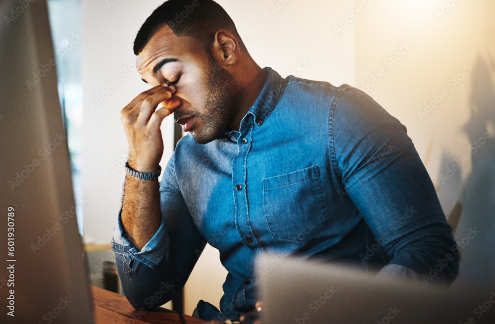 Sticker Migraine, burnout and businessman working in office at night with computer for corporate research. Stress, headache and professional African employee working overtime on deadline project in workplace