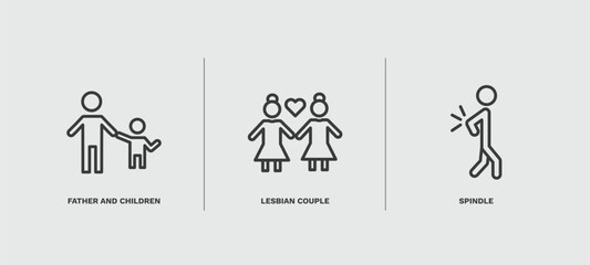 set of people and relation thin line icons. people and relation outline icons included father and children, lesbian couple, spindle vector.