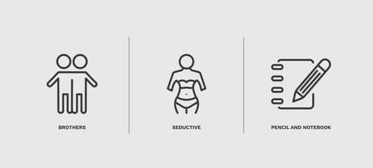 set of people and relation thin line icons. people and relation outline icons included brothers, seductive, pencil and notebook vector.