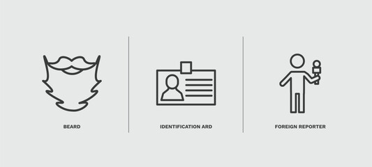 set of people and relation thin line icons. people and relation outline icons included beard, identification ard, foreign reporter vector.