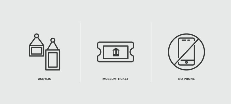 set of museum and exhibition thin line icons. museum and exhibition outline icons included acrylic, museum ticket, no phone vector.