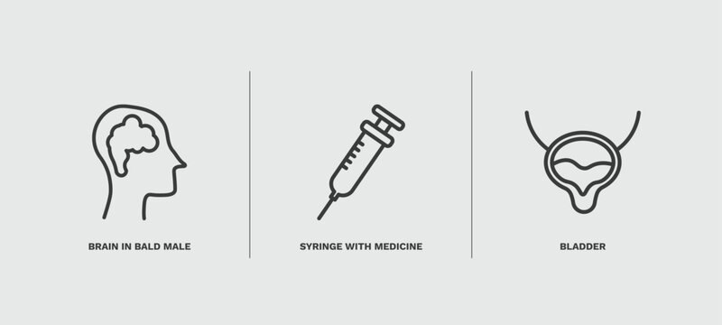 set of medical and healthcare thin line icons. medical and healthcare outline icons included brain in bald male head, syringe with medicine, bladder vector.