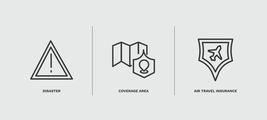 set of insurance and coverage thin line icons. insurance and coverage outline icons included disaster, coverage area, air travel insurance vector.