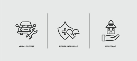 set of insurance and coverage thin line icons. insurance and coverage outline icons included vehicle repair, health insurance, mortgage vector.
