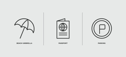 set of hotel and restaurant thin line icons. hotel and restaurant outline icons included beach umbrella, passport, parking vector.