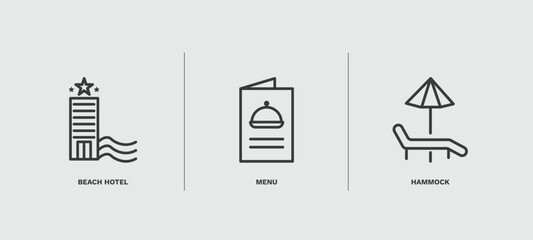 set of hotel and restaurant thin line icons. hotel and restaurant outline icons included beach hotel, menu, hammock vector.