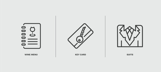 set of hotel and restaurant thin line icons. hotel and restaurant outline icons included wine menu, key card, suits vector.