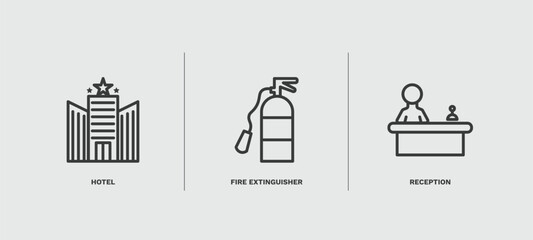 set of hotel and restaurant thin line icons. hotel and restaurant outline icons included hotel, fire extinguisher, reception vector.