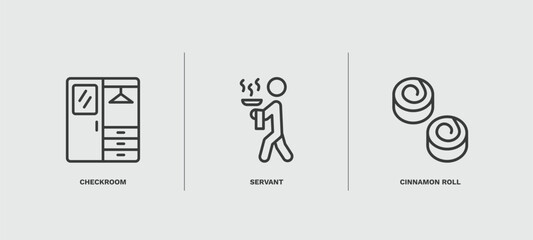 set of hotel and restaurant thin line icons. hotel and restaurant outline icons included checkroom, servant, cinnamon roll vector.