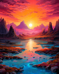 Fototapeta na wymiar sunset landscape art painting
